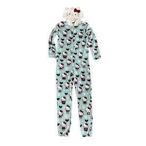 C168 Hello Kitty Sanrio Christmas Fleece One Piece Pajamas Santa Hat Hood Medium